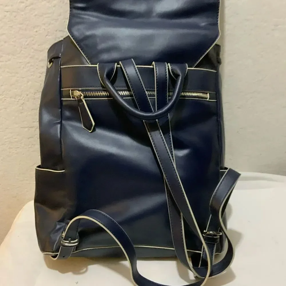 VERA BRADLEY Drawstring Backpack In Navy Blue Faux Leather Vegan